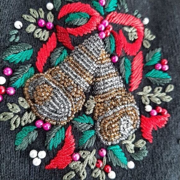 WHITE STAG Vintage Embroidery & Bead Work Christmas Bells Cardigan Sweater Sz XL - Picture 6 of 16